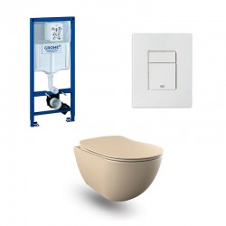 Grohe Rapid SL wc pack hangtoilet rimless cappucino met sproeier en wit bedieningsplaat compleet