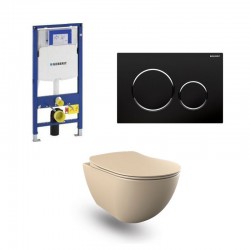 Geberit Duofix wc pack hangtoilet rimless cappucino en blinkend zwart bedieningsplaat compleet