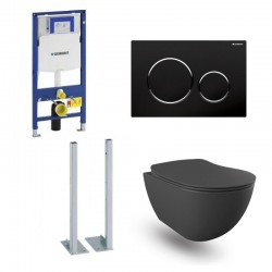 Geberit Duofix vrijstaande wc pack hangtoilet rimless mat antraciet en blinkend zwart bedieningsplaat compleet