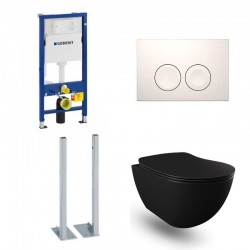 Geberit Duofix vrijstaande wc pack hangtoilet rimless mat zwart met sproeier en wit bedieningsplaat compleet