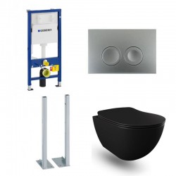 Geberit Duofix vrijstaande wc pack hangtoilet rimless mat zwart met sproeier en mat chroom bedieningsplaat compleet