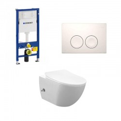 Geberit Duofix wc pack hangtoilet rimless wit met sproeier en warm/koud water kraan wit bedieningsplaat compleet