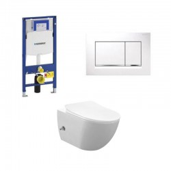 Geberit Duofix wc pack hangtoilet rimless wit met sproeier en warm/koud water kraan wit bedieningsplaat compleet