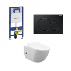 Geberit Duofix wc pack hangtoilet rimless wit met sproeier en warm/koud water kraan zwart bedieningsplaat compleet