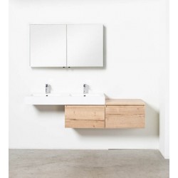 Banio badkamermeubel met assymetrisch dubbele wastafel glanzend wit Tomino - eik 120cm